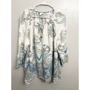 Charter Club Luxury Linen Paisley  White Tunic Top Blouse XL Stitch Shirt Travel
